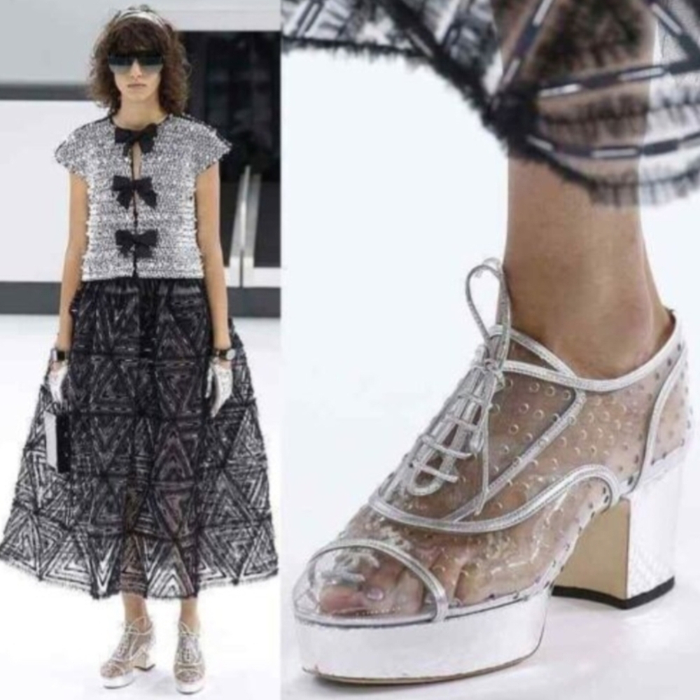 Chanel 2016 Runway Perforated Silver Interlocking CC Platform Oxford Shoes 38.5